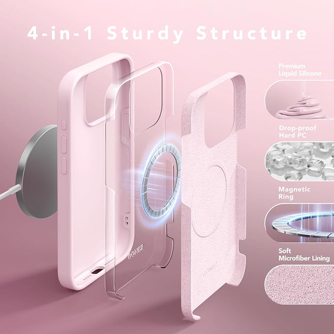 GONEZ for iPhone 15 Pro Max Case Silicone, Compatible with Magsafe, Camera Protector + Screen Protector, Soft Anti-Scratch Microfiber Lining, Liquid Silicone Shockproof Phone Cover, Chalk Pink