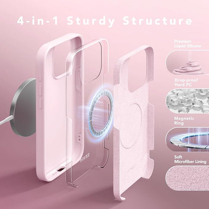 GONEZ for iPhone 15 Pro Max Case Silicone, Compatible with Magsafe, Camera Protector + Screen Protector, Soft Anti-Scratch Microfiber Lining, Liquid Silicone Shockproof Phone Cover, Chalk Pink