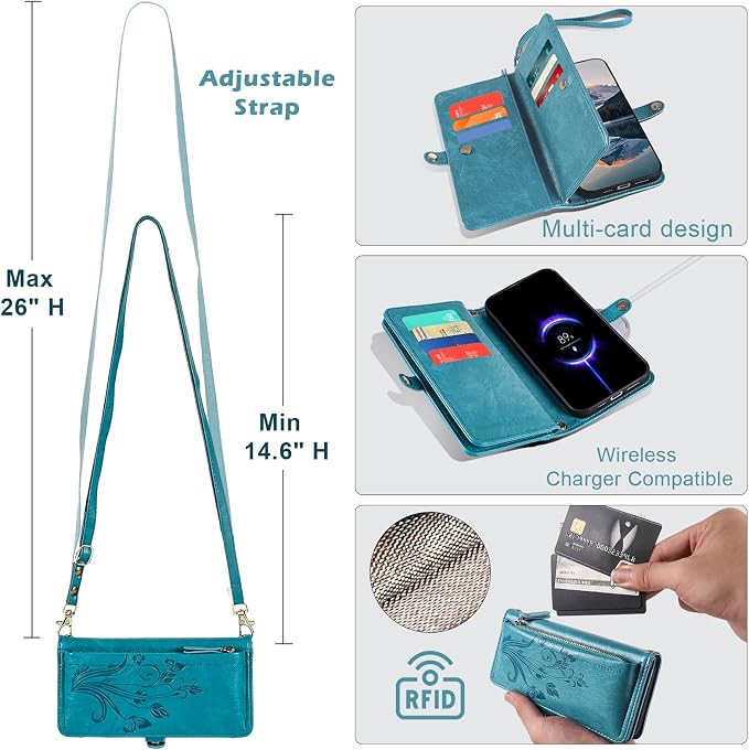 Lacass for iPhone 17 Case Wallet,[Cards Theft Scan Protection] Card Holder Zipper Leather Flip Cover Crossbody Wrist Strap with Stand (Floral Blue Green)