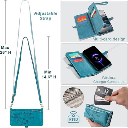 Lacass for iPhone 16 Pro Case Wallet,[Cards Theft Scan Protection] Card Holder Zipper Leather Flip Cover Crossbody Wrist Strap with Stand (Floral Blue Green)