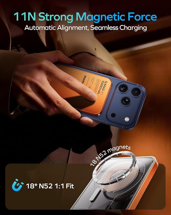 MOMAX Magnetic Wireless Power Bank 10000mAh, Ultra-Slim 0.5" MagSafe-Compatible Portable Charger, 20W USB-C PD Fast Charging, for iPhone 17/16/15/14/13/12 Series, Samsung Galaxy & Google Pixel