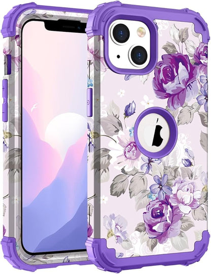 Hocase for iPhone 14 Case/iPhone 13 Case, Heavy Duty Shockproof Protection Soft Silicone Rubber+Hard Plastic Bumpers Hybrid Protective Case for iPhone 13/14 (6.1") - Lavender Flowers