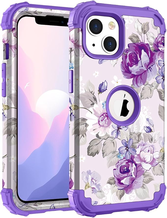 Hocase for iPhone 14 Plus Case, Heavy Duty Shockproof Protection Soft Silicone Rubber+Hard Plastic Bumpers Hybrid Protective Case for iPhone 14 Plus 6.7" 2022 - Lavender Flowers