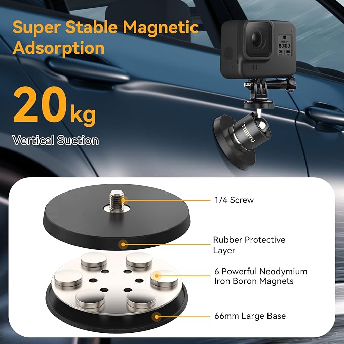 UTEBIT 66mm Magnetic Camera Mount 1/4 Thread, Gopro Magnet Car Screw Mount Set Black