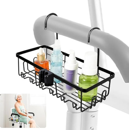 2-In-1hanging shower chair caddy : Holder Organizer Rustproof Shower Chair Accessories for tub bath room with arms chair storage basket shelf fit Seniors Elderly Disabled Patient Pregnant (Black)