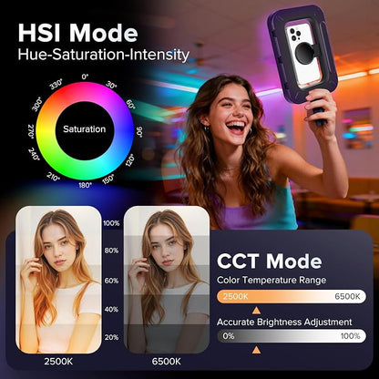 Magnetic RGB Selfie Ring Light for iPhone and Android (with Mini Tripod), Double-Sided Magnet Handheld Stabilizer LED Ring Light, Built-in Battery for YouTube, TikTok, Vlogging, Makeup