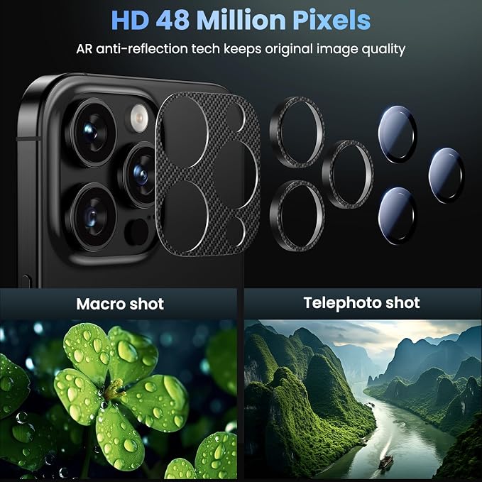 Uyiton for iPhone-16-Pro-Max/16-Pro/iPhone-14-Pro-Max/14-Pro Camera Lens-Protector: [Kevlar Weave Design][Strong Adsorption][Ultra-Thin] Metal Tempered Glass Rear Camera Screen Cover - Kevlar Black