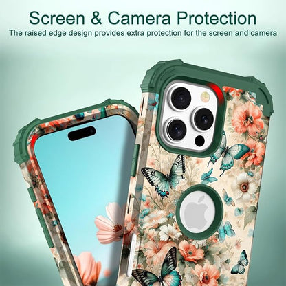 Hocase for iPhone 16 Pro Max Case, Heavy Duty Shockproof Protection Soft Silicone Rubber+Hard Plastic Bumpers Hybrid Protective Case for iPhone 16 Pro Max 2024 - Teal Green Butterflies
