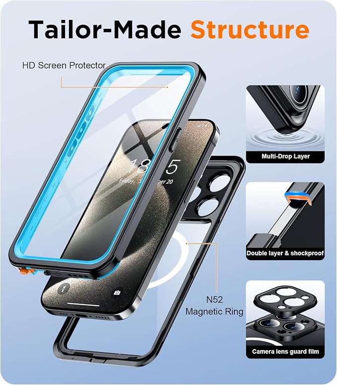 Temdan Magnetic for iPhone 15 Pro Max Case Waterproof,Built-in Screen Protector[IP68 Underwater][Upgrade Military Dropproof][Compatible with MagSafe] Full Body Shockproof Case-Blue