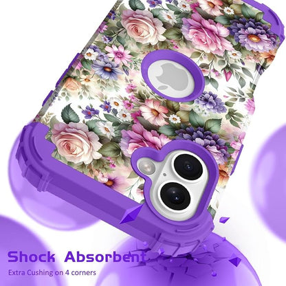 Hocase for iPhone 17 Case 6.3", Heavy Duty Shockproof Protection Soft Silicone Rubber+Hard Plastic Bumpers Hybrid Protective Case for iPhone 17 2025 - Purple Pink Flowers