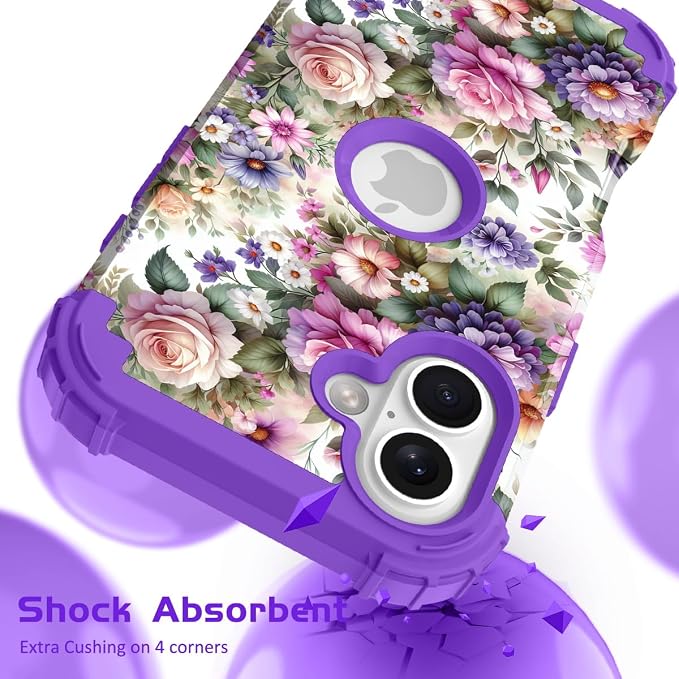 Hocase for iPhone 16 Case 6.1", Heavy Duty Shockproof Protection Soft Silicone Rubber+Hard Plastic Bumpers Hybrid Protective Case for iPhone 16 2024 - Purple Pink Flowers