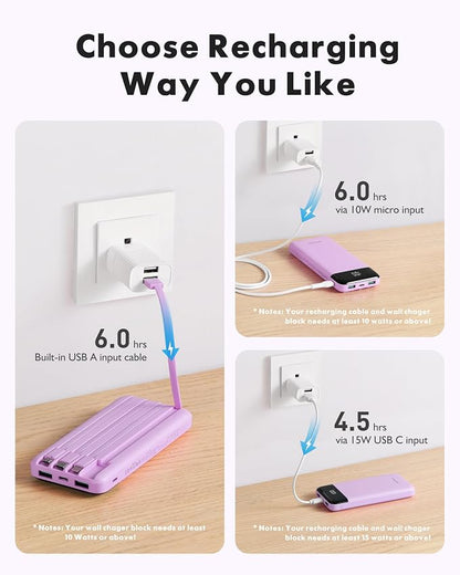 charmast 10000mAh Portable Charger,Built-in 4 Cables,6 Outputs/3 Inputs,3A Fast Charging,Compatible with iPhone,iPad,Samsung,Pixel,LG