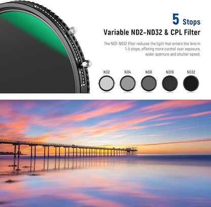 NEEWER 2 in 1 55mm Variable ND Filter ND2–ND32&CPL Filter(Circular Polarizer Filter) No X Cross/30 Layer Nano Coated/HD Optical Glass/Ultra Slim Aluminum Alloy Frame/Water Repellent/Scratch Resistant