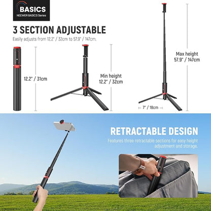 NEEWER Basics PA991 Selfie Stick Tripod Compatible with iPhone Samsung Android, 57.9 Inch Metal Portable Lightweight Travel Mobile Phone Stand with Holder & Remote Control for Video Recording