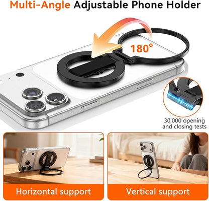 4-in-1 Magnetic Phone Grip Stand with Finger Strap Loop for Magsafe, [2025 Upgraded] Removable Phone Ring Holder for iPhone 17 Pro M ax/16/15/14/13/12 Series, White Elephant Gift For Men, Black