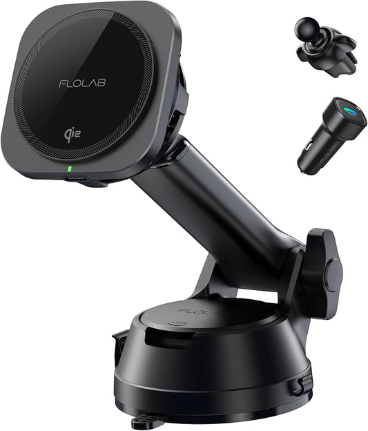 FLOLAB Qi2 15W Wireless Car Charger for iPhone 16/15/14/13/12, Magnetic Vent/Foldable Dashboard/Windshell Mount Car Phone Holder, Fast Charging with Cooling
