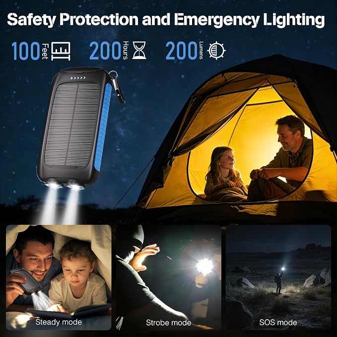 Solar Power Bank 20000mAh, Blue Portable Charger with USB-C&USB-A Outputs, Emergency Backup Battery Pack, LED Flashlight, for iPhone Samsung Android – Solar for Emergency Only, Perfect for Camping