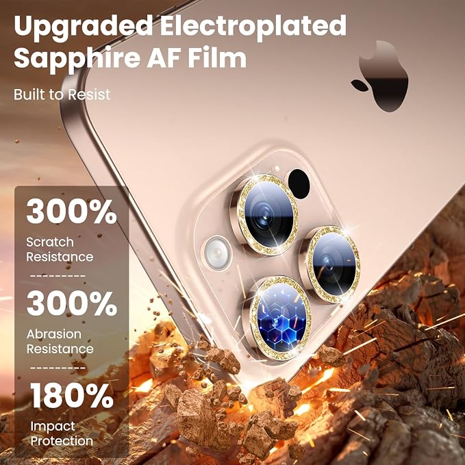 Uyiton 4 Pack Bling for iPhone 15 Pro /15 Pro Max Camera Lens Protector - Not Easy to Break Strong Adsorption Individual Metal Tempered Glass Rear Camera Screen Cover - Glitter Gold