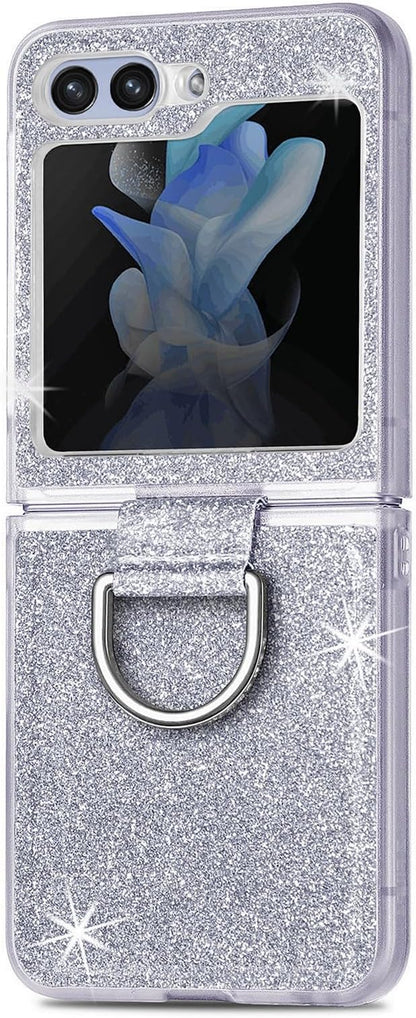 Bling Glitter Case for Samsung Galaxy Z Flip 6 with Ring Holder,Women Girls Cute Phone Case Non Slip Ultra Slim TPU Bumper Shockproof Protective Case for Galaxy Z Flip 6 5G 2024,Silver