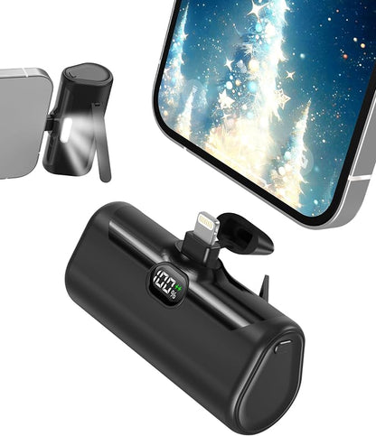 Small Portable Charger for iPhone, 5000mAh Mini Battery Pack with Builtin Metal Stand, MFi Certified Compact Power Bank with LCD Display & LED Light for iPhone 14/13/12/11/XR/X/SE/8/7/6Pro Max-Black