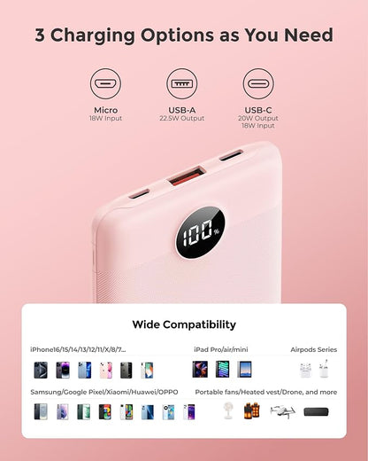 Portable Charger 10000mAh, Ultra Slim Power Bank Fast Charging with Attached USB C Cable, Travel Essential Phone Power Bank Battery Pack for iPhone 17/16/15/14 Samsung S25 Google etc, Pink