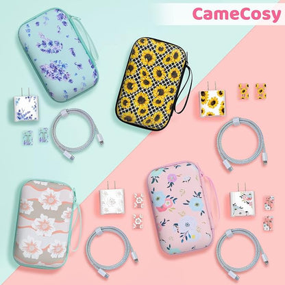 Cute DIY Cable Charger Protector Set with Electronic Organizer Bag Flowers Purple Lavender pattern Design, Soft Data Cable Line Cord Wire Saver Travel Cord Organizer Case cover Compatible for iPhone