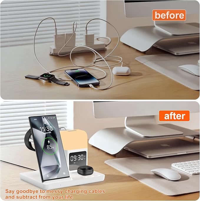 Wireless Charger for Samsung/Android Charging Station, 6 in 1 Fast Watch Charger with Alarm Clock-Night Light, Compatible for Galaxy S25 Ultra/S24, Only for Samsung Watch8/7, Galaxy Buds3 Pro(White)