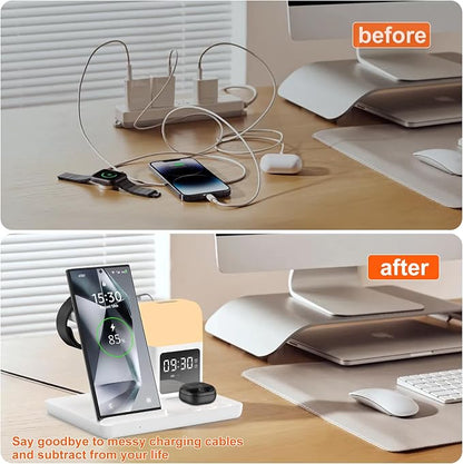 Wireless Charger for Samsung/Android Charging Station, 6 in 1 Fast Watch Charger with Alarm Clock-Night Light, Compatible for Galaxy S25 Ultra/S24, Only for Samsung Watch8/7, Galaxy Buds3 Pro(White)