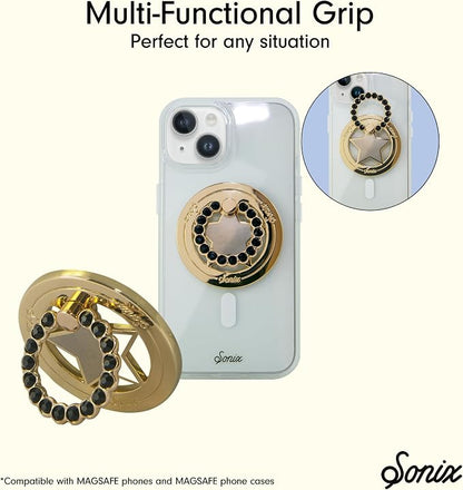 Sonix Magnetic Phone Grip and Phone Ring Holder - Compatible with MagSafe - Rotatable Kickstand and Phone Holder for iPhone 16, 15, 14, 13, 12 Series - Gold Star/Black Rhinestone