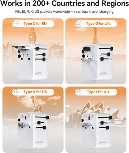 ORICO Universal Travel Adapter 100W GaN International Power Adapter | 7 in 1 (2 AC, 3 USB-C, 2 USB-A) European Travel Plug Adapter, Built-in Retractable USB-C Cable for Eu UK AU 200+ Countries