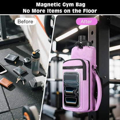 MoKo Magnetic Gym Bag, Magnetic Water Bottle Holder with Clear Phone Pouch, Built-in 4 Magnets Fitness Bag for Men and Women Compatible with Most Water Bottles, Gym Accessories Gifts, Purple