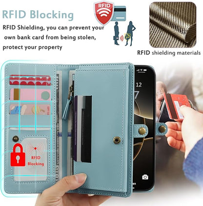 for Wallet Case Compatible with iPhone 16 Pro,Multi-Function Detachable 2 in 1 Magnetic iPhone 16 Pro Wallet,Flip Strap Zipper Card Holder Phone Case with Shoulder Straps (Blue)