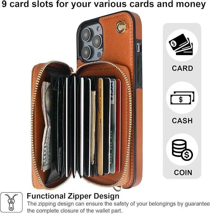 Bocasal Crossbody Wallet Case for iPhone 14 Pro Max, RFID Blocking Leather Purse Case with Card Holder, Protective Handbag Flip Cover with Zipper Wrist Strap Lanyard for Women 5G 6.7 Inch (Brown)