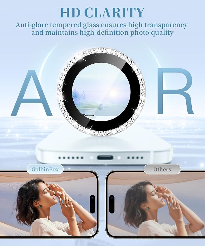 GolbinBox Camera Lens Protector for iPhone 15/15 Plus, 1:1 Invisible Fit, 9H Tempered Glass Ultra HD Metal Individual Camera Cover for Women, Case Friendly, Bling/Silver