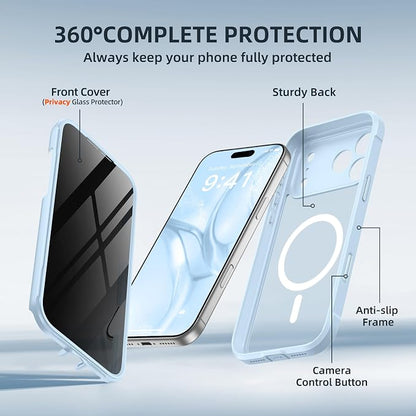 BERFY for iPhone 17 Pro Max Case, Compatible with MagSafe, Built-in Privacy Screen Protector, Camera Protection, Shockproof Full Body Phone Case 6.9", Translucent Light Blue