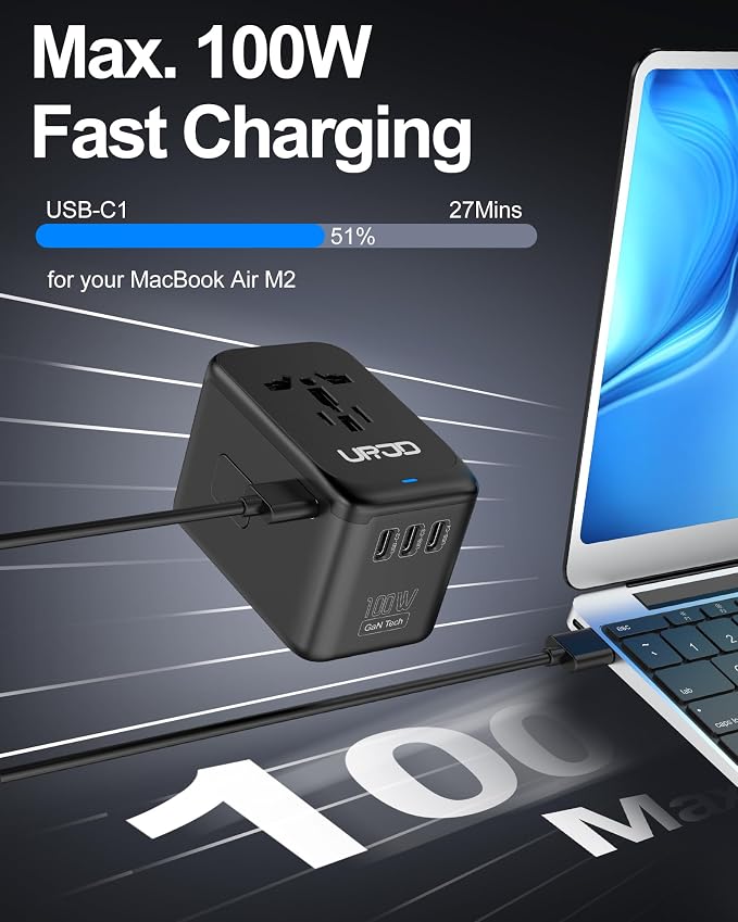 Universal Travel Adapter 100W GaN Fast Charger in One for Europe UK US | 5 USB Ports, 2500W AC Outlet, Compatible for MacBook iPhone iPad Laptop Phone, International Power Adapter for 200+ Countries
