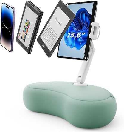 SAIJI Kindle Pillow Stand, iPad Stand Compatible with 4.7”-15.6” Kindle, Phone, iPad, 360° Adjustable Tablet Holder for Bed with Flexible Dual Axis Arm and Microbead Cushion (Cyan)