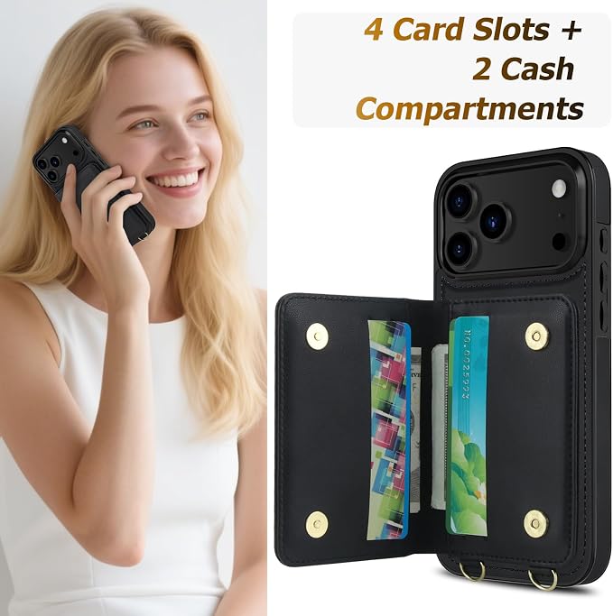 LOHASIC for iPhone 17 Pro Case Wallet with Detachable Crossbody Strap & Wrist Lanyard, RFID Blocking, 4 Card Slots 2 Cash Pockets, Vegan Leather Case with Card Holder for Women Girls, Black