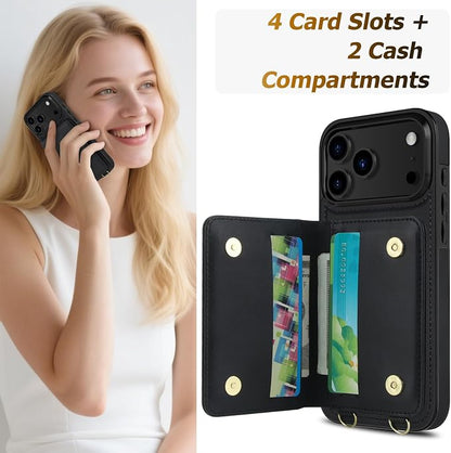 LOHASIC for iPhone 17 Pro Case Wallet with Detachable Crossbody Strap & Wrist Lanyard, RFID Blocking, 4 Card Slots 2 Cash Pockets, Vegan Leather Case with Card Holder for Women Girls, Black