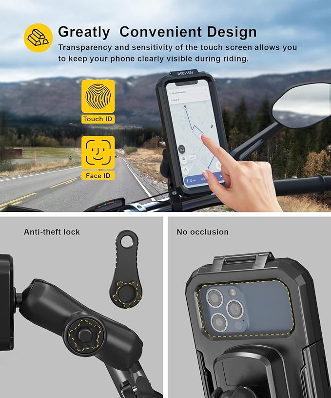 iMESTOU Anti-Theft Waterproof Motorcycle Phone Mount Bike Mobile Holder Double Socket Arms Aluminium Base Fit to Handlebar/Rear-View Mirror Pole for 3.5"-6.1" Cellphones (S)