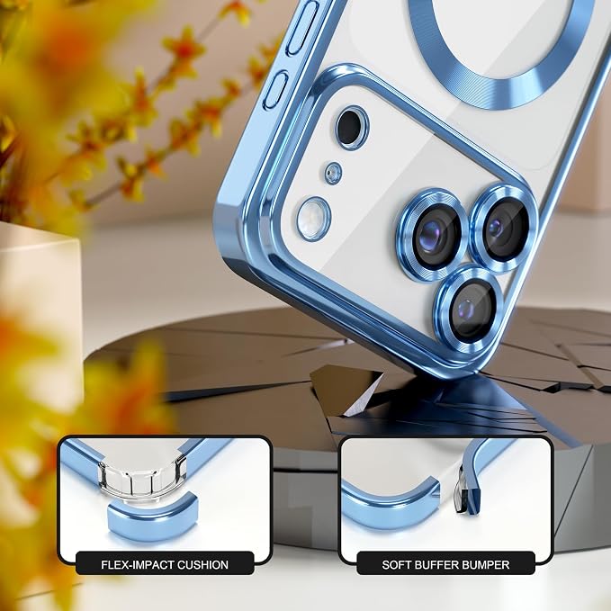 Misea Magnetic for iPhone 17 Pro Case Compatible with MagSafe [Never Yellowing] [Military Grade Drop Protection] Full Camera Lens Protector Plating Soft Clear Phone Case for Women, Sky Blue