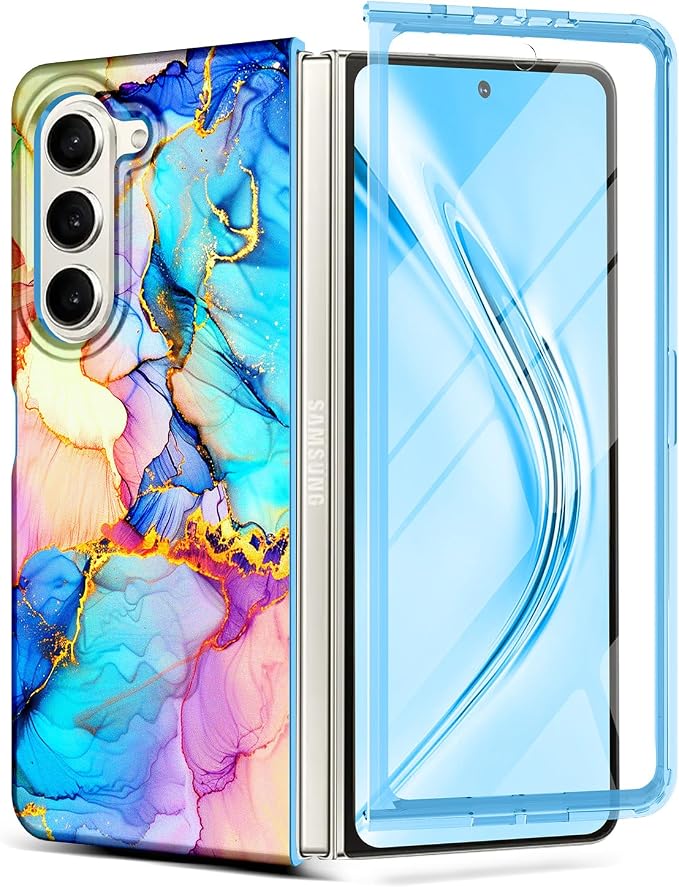 Btscase for Samsung Galaxy Z Fold 5 Case,Built in Front Screen Protector,Gold Glitter Marble Pattern Hard PC Slim Shockproof Full Body Drop Protective Case for Galaxy Z Fold 5 5G, Bright Blue