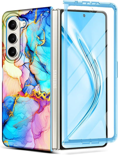 Btscase for Samsung Galaxy Z Fold 5 Case,Built in Front Screen Protector,Gold Glitter Marble Pattern Hard PC Slim Shockproof Full Body Drop Protective Case for Galaxy Z Fold 5 5G, Bright Blue