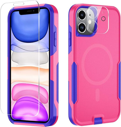 Xmon iPhone 11 Magnetic Case [MIL-Grade Drop Tested & Compatible with MagSafe] Tempered Glass Screen Protector with Camera Lens Protector Phone Case Cover for Apple iPhone 11 (Magnetic Rose)