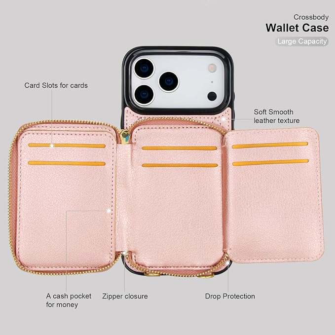 Bocasal Crossbody Wallet Case for iPhone 17 Pro Max, RFID Blocking PU Leather Zipper Handbag Purse Flip Cover, Kickstand Folio Case with Card Slots Holder Wrist Strap Lanyard 5G 6.9 Inch (Rose Gold)