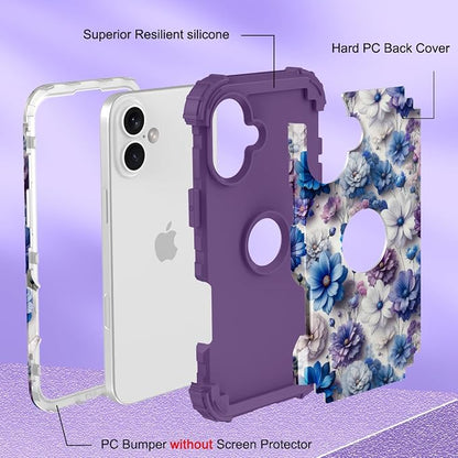 Hocase for iPhone 17 Case 6.3", Heavy Duty Shockproof Protection Soft Silicone Rubber+Hard Plastic Bumpers Hybrid Protective Case for iPhone 17 2025 - Blue Purple Flowers