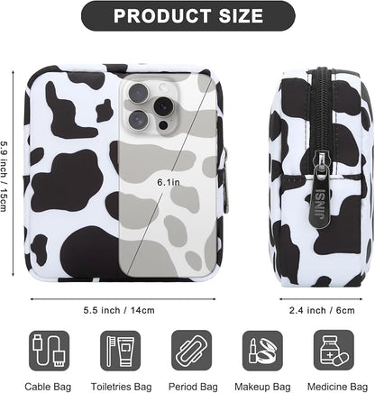 Tech Organizer Pouch, Small Multi-Pocket Electronics Case (Cow) | Water-resistant nylon, foam padding, metal zipper, travel cable bag for charger, power bank, earbuds, SD cards and USB cables