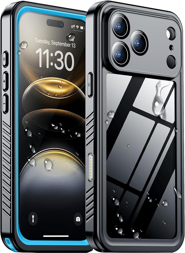 Temdan Compatible with iPhone 17 Pro Max Case,Waterproof Built-in Screen & Camera Protector IP68 Underwater Full Body 17FT Military Dropproof Shockproof Phone Case 6.9"-Blue/Clear