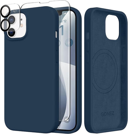 GONEZ Magnetic for iPhone 12 Case / 12 Pro Case, Compatible with MagSafe, [Screen Protector + Camera Lens Protector], Silicone Shockproof Anti-Scratch Protective Phone Case 6.1 inch, Dark Blue