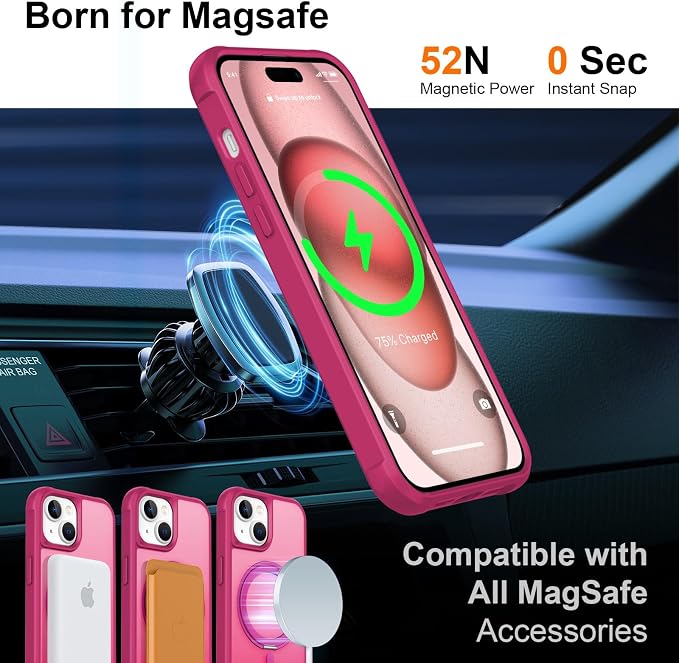 360° Magnetic Swivel Ring for iPhone 15 Plus case, Built-in Metal Stand and Ring Holder, Magsafe Compatible, Military Grade Protection, Shockproof - Rose Pink